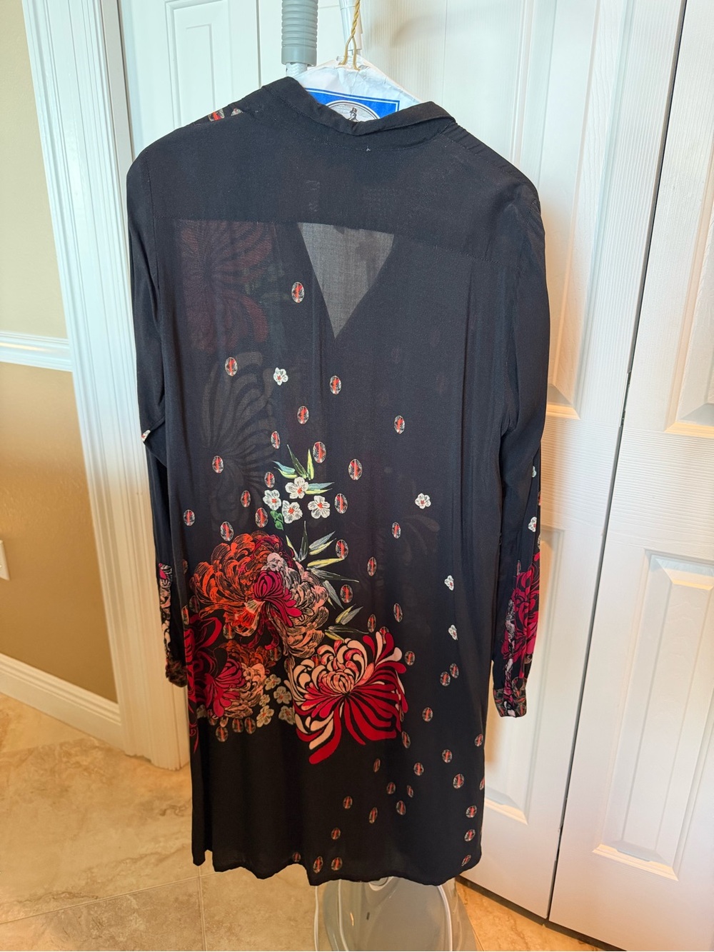 Johnny Was Black Floral Long Sleeve Midi Dress with Red Accents